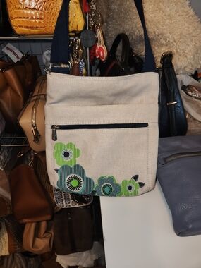 Thirty-one Canvas Crossbody Bag with Green Floral Appliqué